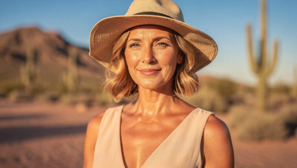 Woman with healthy even-toned skin in the Scottsdale Arizona desert sun