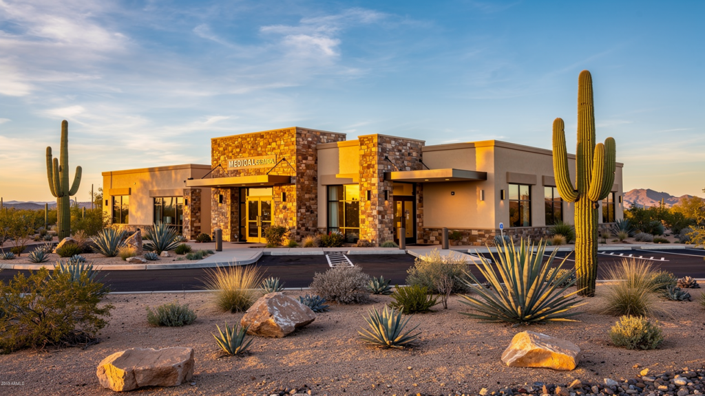 Modern med spa exterior serving Cave Creek and Carefree AZ with Sonoran desert landscaping