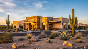 Modern med spa exterior serving Cave Creek and Carefree AZ with Sonoran desert landscaping