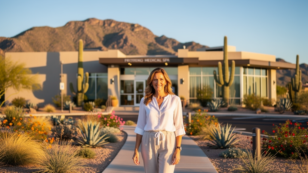 Med spa serving Fountain Hills AZ with McDowell Mountain views and desert landscaping