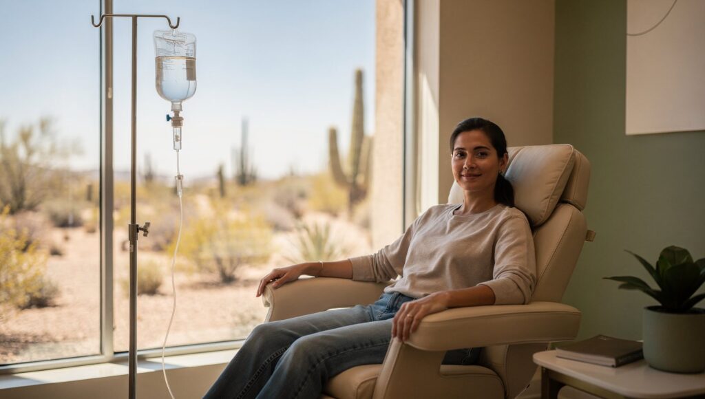 Relaxed adult receiving IV hydration therapy drip at a Scottsdale med spa during Arizona summer
