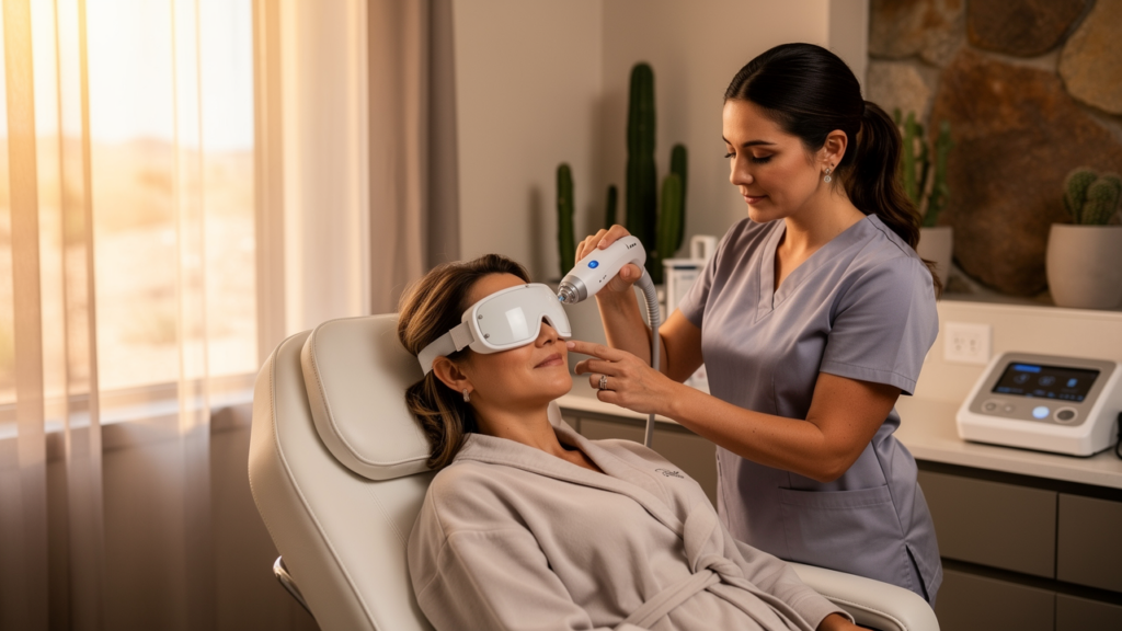 Woman receiving Lumecca IPL treatment for sun damage at Scottsdale med spa