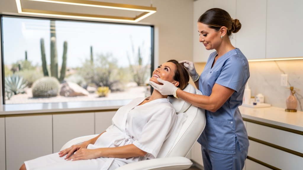 Clinician assessing patient skin before Morpheus8 treatment in Scottsdale med spa