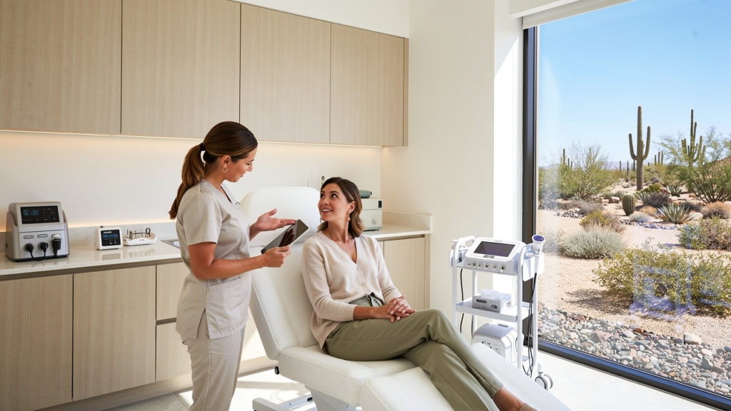 North Phoenix med spa treatment room with FNP-C provider consultation in North Scottsdale
