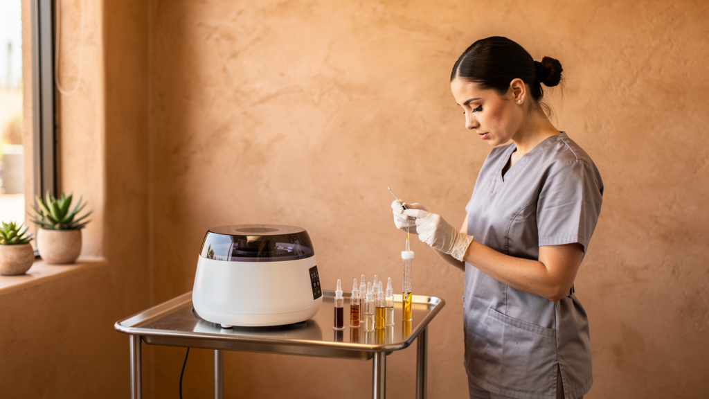 Clinician preparing PRF platelet rich fibrin treatment at Scottsdale med spa