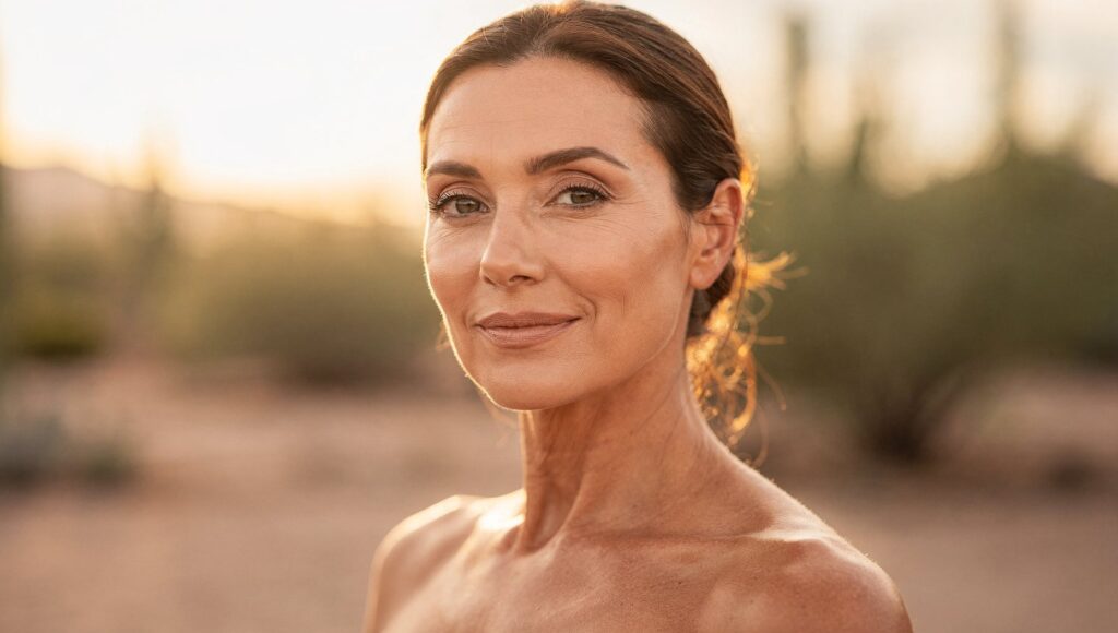 Woman with even-toned skin in Scottsdale desert light after sun damage repair