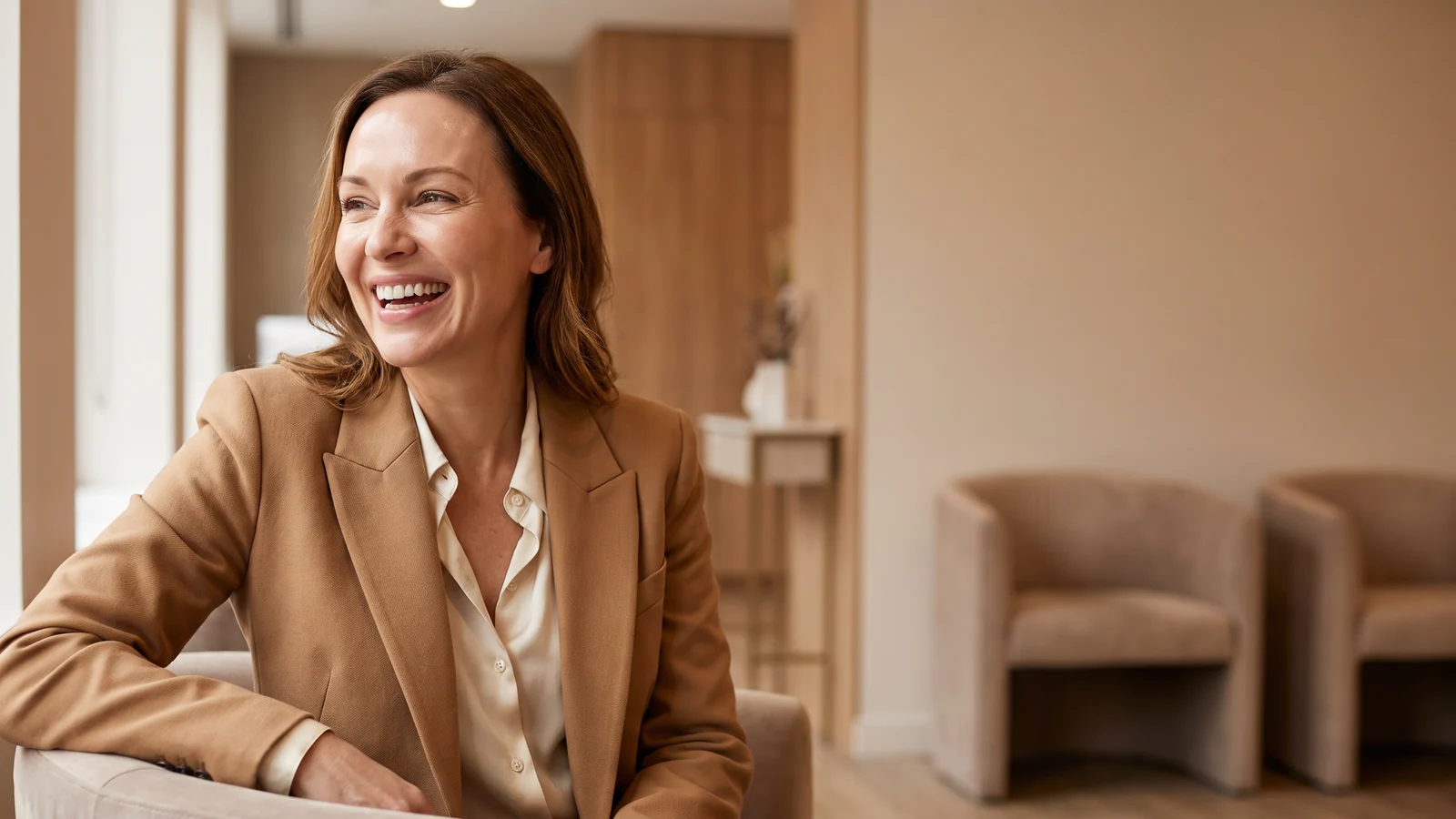 Woman laughing with a smooth, refreshed, natural-looking result after injectable treatments in Scottsdale, AZ