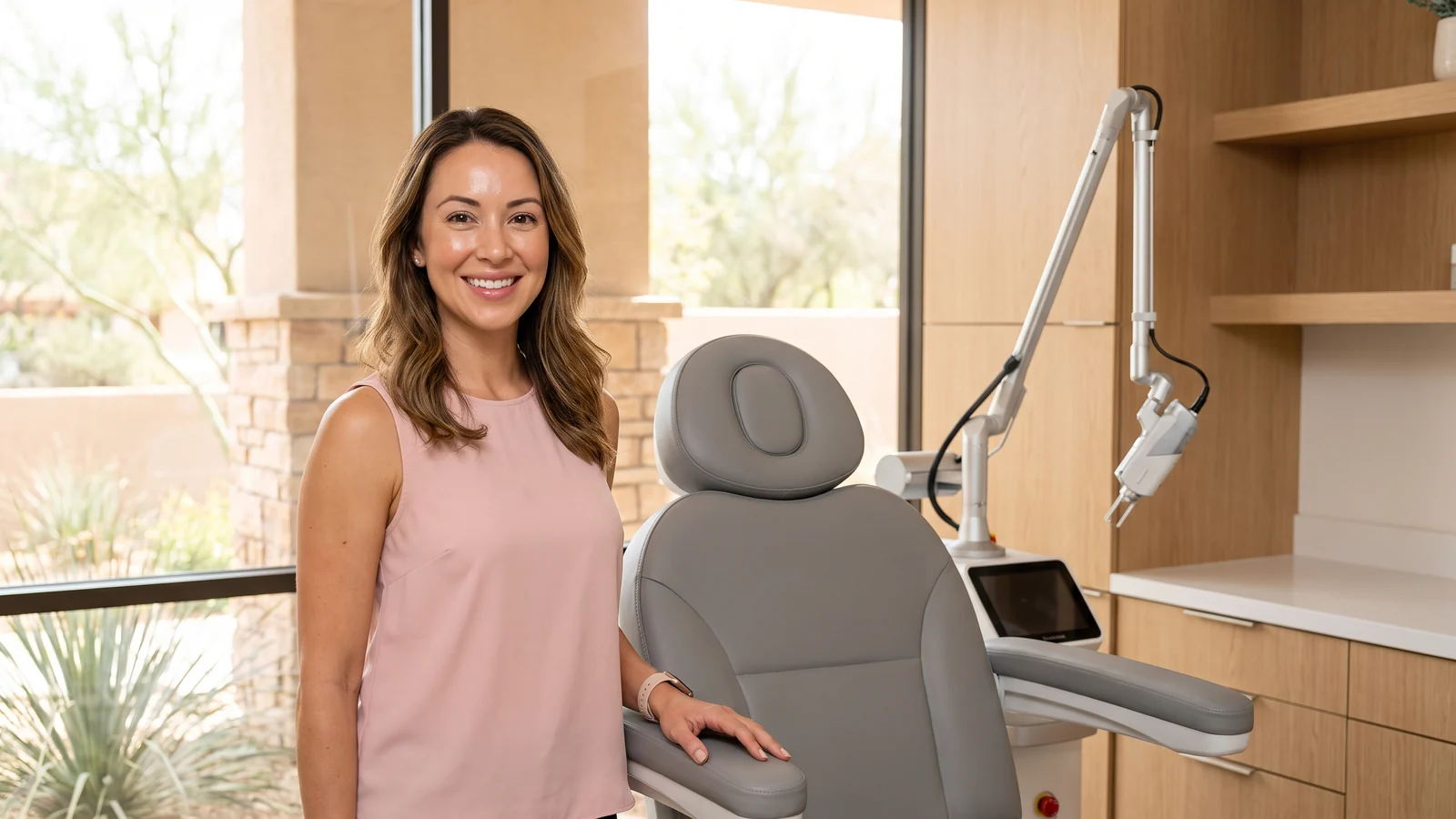 Woman with even, luminous skin beside a laser treatment chair at a Scottsdale, AZ med spa