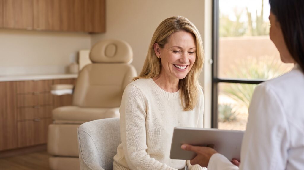 Woman reviewing lab results during a hormone replacement therapy consultation in Scottsdale